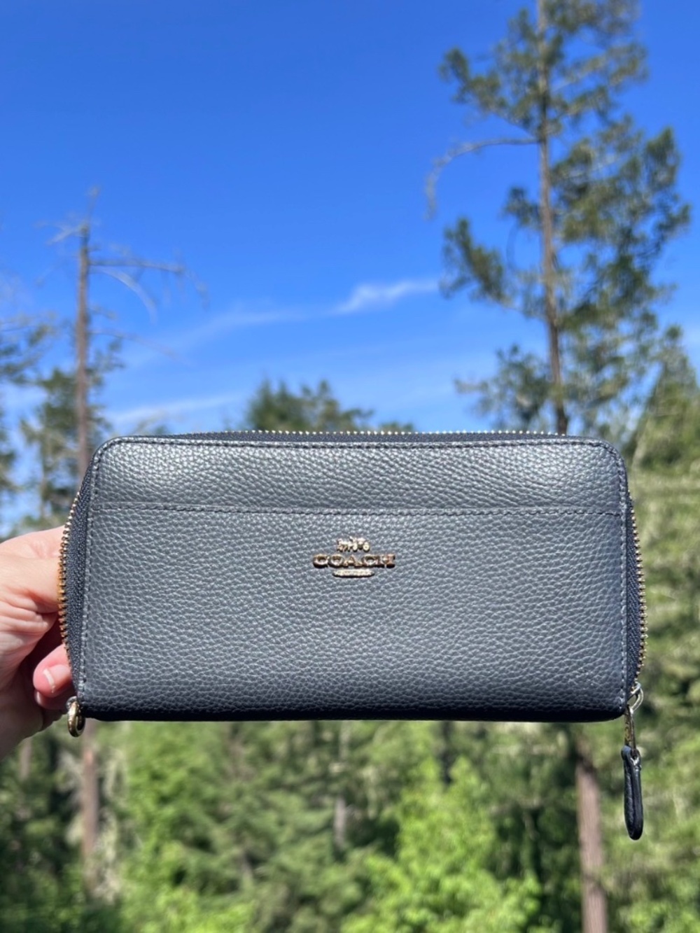 COACH Long Zip-Around NAVY Pebble Leather Wallet w Gold Hardware AUTHENTIC